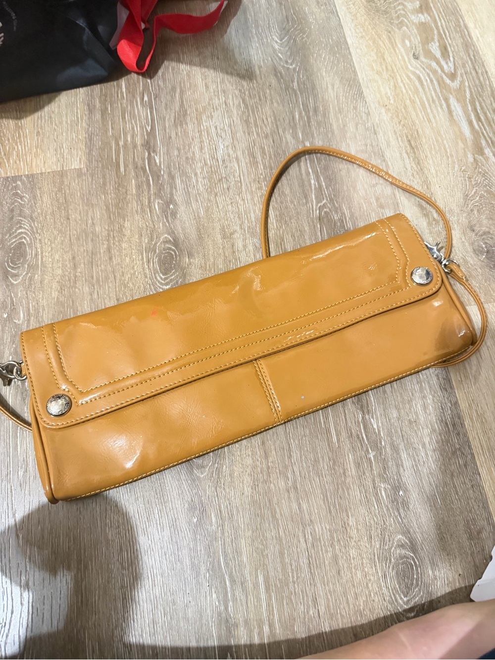 Camel Tan Patent Leather Clutch with strap Franco Sarto
